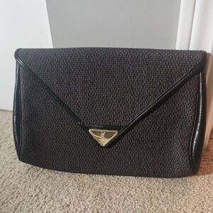 Yves Saint Laurent Black Tweed Envelope Wristlet with Gold-Tone Logo